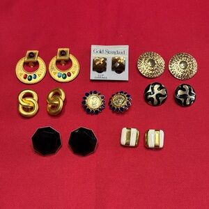 Clip-On Earrings lot of 8 Gold-Tone Multi Earring Set with Black and Blue Accent